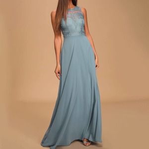 Lulus Forever Kind of Love Slate Blue Lace Maxi Dress NWT Size Small